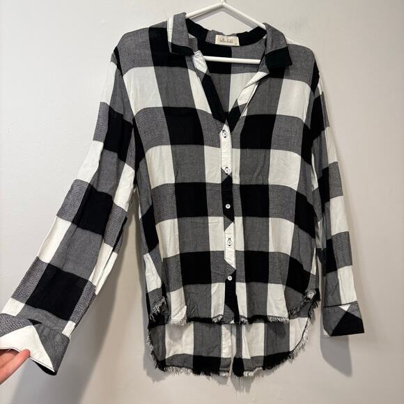 Bella Dahl Black & White Plaid Button Front Blouse Raw Hem Medium 100% Rayon - Picture 6 of 8